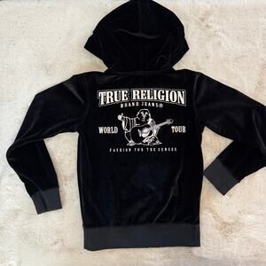 Girls True Religion Black Velour Zip Hoodie Silver Logo Size Small 5/6